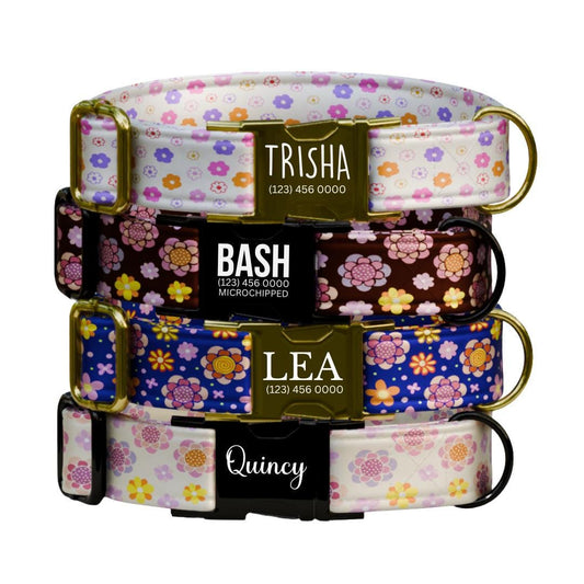 Personalized Floral Dog Collar for Girls with Name Engraved Cute Stylish Flower Print Tag Collar Dogs Adjustable Collar & Leash Set (OG-296)