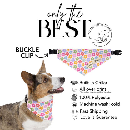 Bloomy Garden Personalized Pet Bandana Collar for Dogs & Cats Custom Name Soft Polyester Built-In Floral Collar Adjustable Everyday Wear