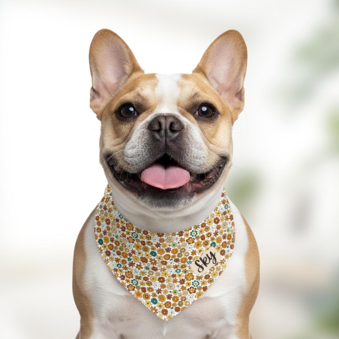 Personalized Autumn Bloom Flower Pet Bandana Collar for Dogs & Cats Custom Name Built-In Collar Adjustable Floral Fall Pet Accessory