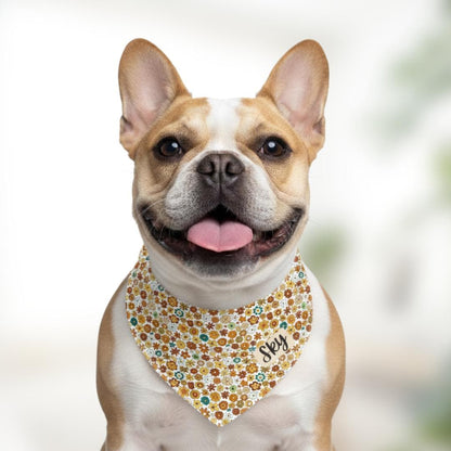 Personalized Autumn Bloom Flower Pet Bandana Collar for Dogs & Cats Custom Name Built-In Collar Adjustable Floral Fall Pet Accessory