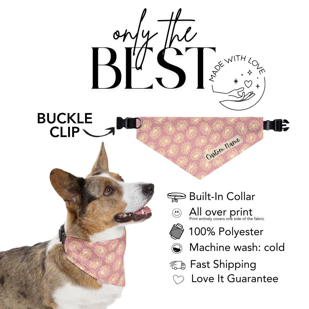 Personalized Daisy Pet Bandana Collar Custom Name Dog Bandana Adjustable Built-In Collar for Dogs & Cats Pink Classy Floral Pet Accessory