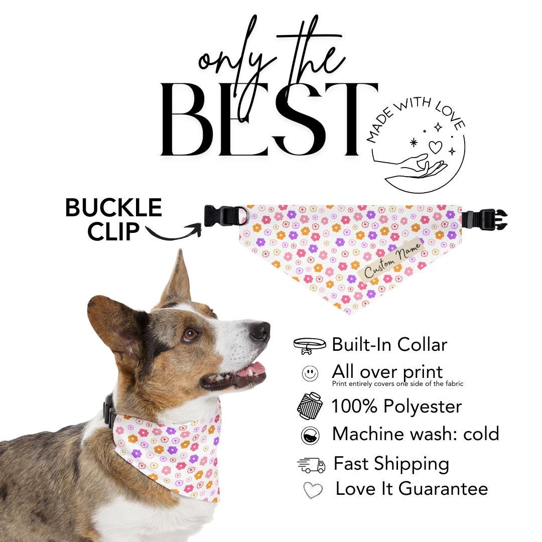 Personalized Colorful Flower Pet Bandana Collar Custom Name Bandana Adjustable Built-In Collar for Dogs & Cats Spring Floral Pet Accessory