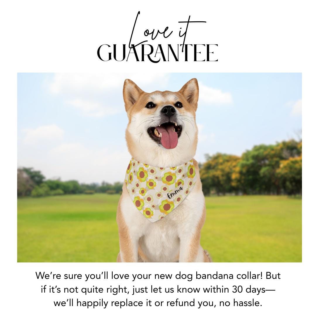 Personalized Retro Flower Pet Bandana Collar Custom Name Dog Bandana Adjustable Built-In Collar for Dogs & Cats Groovy Floral Pet Accessory