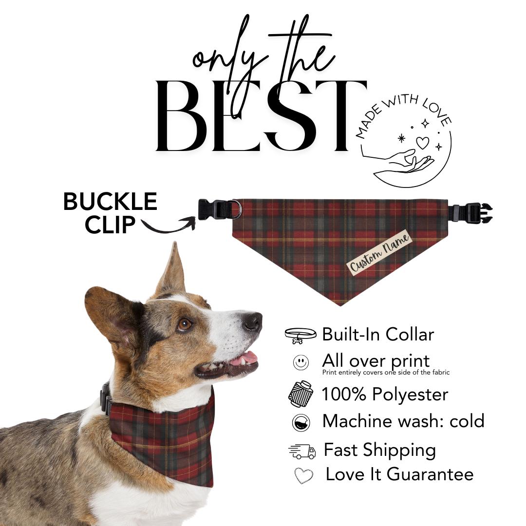 Personalized Christmas Plaid Pet Bandana with Built-in Collar Custom Dog Cat Scarf Accessory Soft Polyester Bandana for Walks & Photoshoots