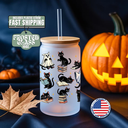 Black Cat Halloween Frosted Glass Cup 16oz Frosted Glass Tumbler with Bamboo Lid & Straw Spooky Ghost Cat Tumbler Cute Witchy Fall Drinkware
