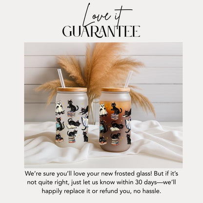 Black Cat Halloween Frosted Glass Cup 16oz Frosted Glass Tumbler with Bamboo Lid & Straw Spooky Ghost Cat Tumbler Cute Witchy Fall Drinkware