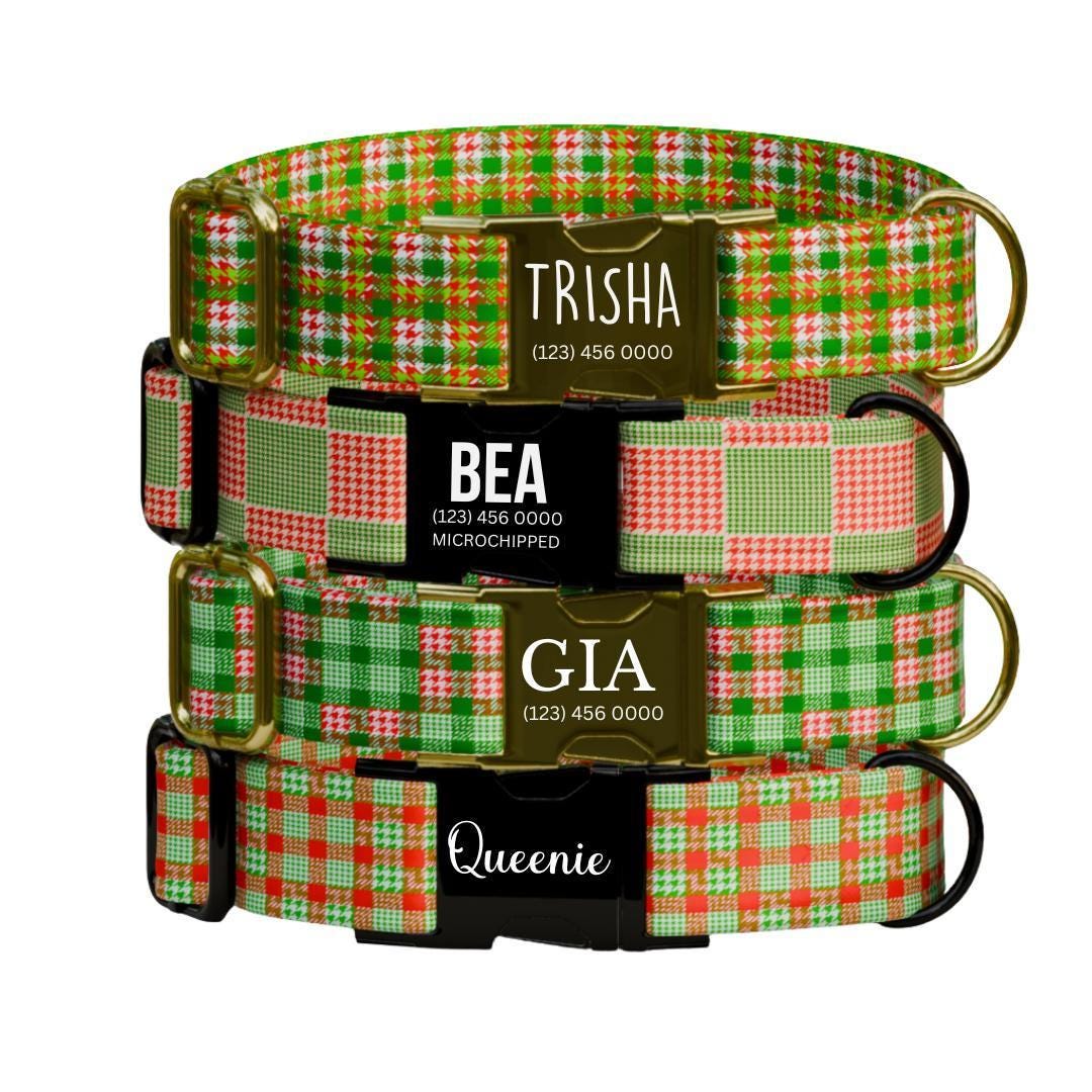 Personalized Houndstooth & Christmas Plaid Dog Collar Custom Name Free Engraved Buckle, Festive Pet Collar, Holiday Gift for Dogs (OG-209)