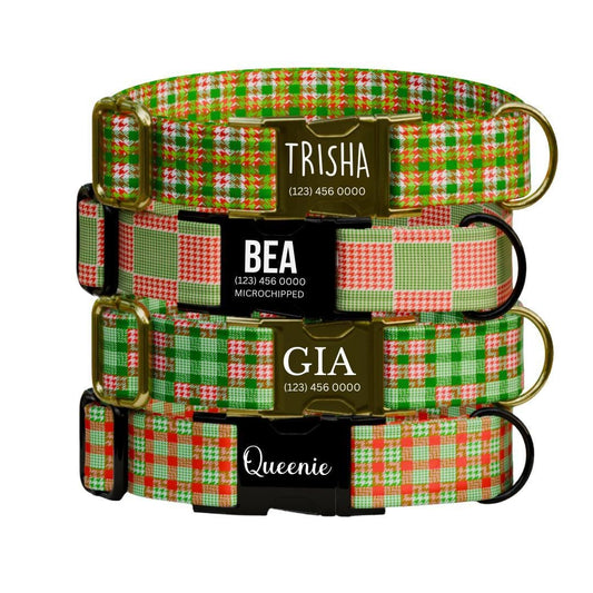 Personalized Houndstooth & Christmas Plaid Dog Collar Custom Name Free Engraved Buckle, Festive Pet Collar, Holiday Gift for Dogs (OG-209)