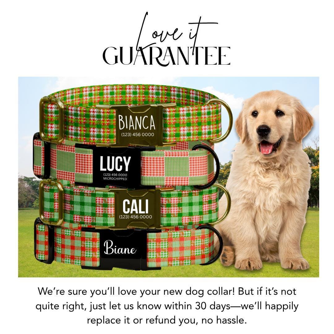 Personalized Houndstooth & Christmas Plaid Dog Collar Custom Name Free Engraved Buckle, Festive Pet Collar, Holiday Gift for Dogs (OG-209)
