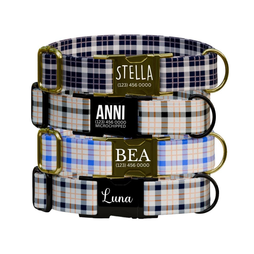 Personalized Plaid Dog Collar with Name Engraved Custom Pet Name ID Collar for Pets Collar & Leash Set Cozy Winter Check Dog Collar (OG-176)