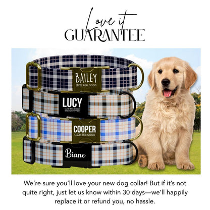 Personalized Plaid Dog Collar with Name Engraved Custom Pet Name ID Collar for Pets Collar & Leash Set Cozy Winter Check Dog Collar (OG-176)