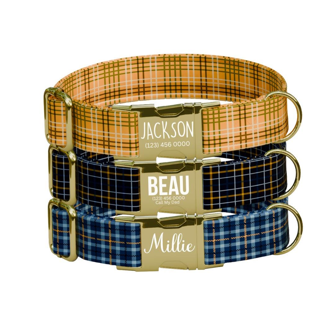 Personalized Plaid Dog Collar with Name Engraved Cute and Soft Plaid Adjustable Collar & Leash Set Black or Gold Buckle Dog Gift (OG-153)