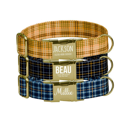 Personalized Plaid Dog Collar with Name Engraved Cute and Soft Plaid Adjustable Collar & Leash Set Black or Gold Buckle Dog Gift (OG-153)