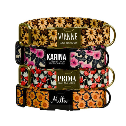 Personalized Floral Dog Collar for Girls with Name Engraved Cute Bright Flower Name ID Adjustable Collar & Leash Set Gift for Dog (OG-208)