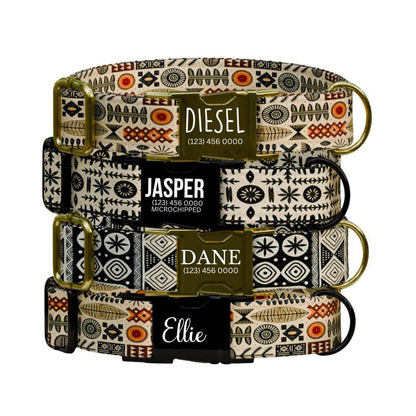 Personalized African Tribal Dog Collar with Name Engraved Custom Ethnic Pattern Pet ID Collar Unique Dog Collar with Metal Buckle (OG-170)