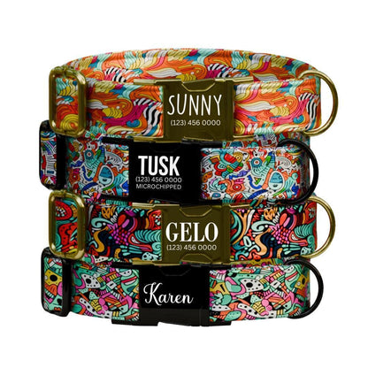 Personalized Vibrant Geometric Dog Collar with Name Engraved Custom Name Dog Tag Durable Metal Buckle & D-Ring Cute Gift for Dogs (OG-266)
