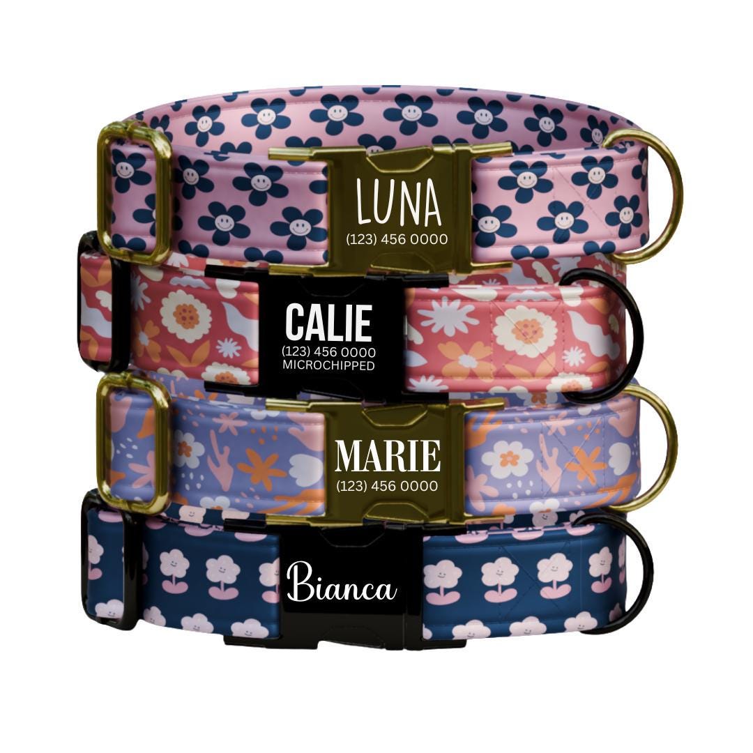 Personalized Groovy Blooms Dog Collar with Name Engraved Cute 70s Flower Design Name ID Adjustable Collar & Leash Set Gift for Dog (OG-254)