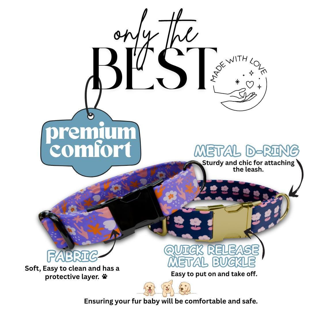 Personalized Groovy Blooms Dog Collar with Name Engraved Cute 70s Flower Design Name ID Adjustable Collar & Leash Set Gift for Dog (OG-254)