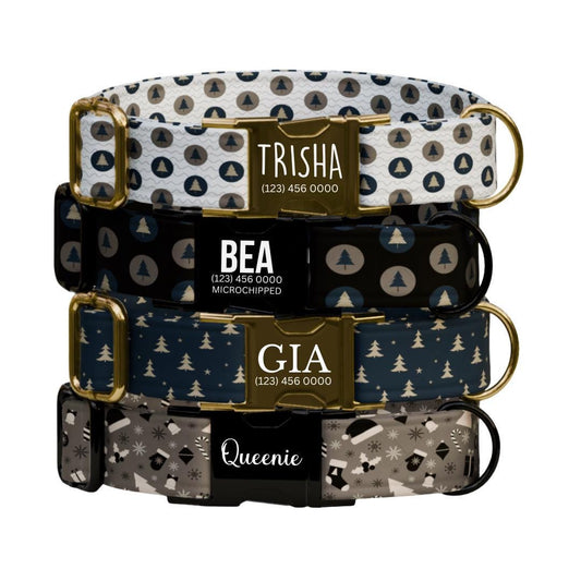 Personalized Christmas Dog Collar Custom Name Tag Holiday Dog Collar Cozy Holiday Design Adjustable & Durable with Metal Buckle (OG-236)