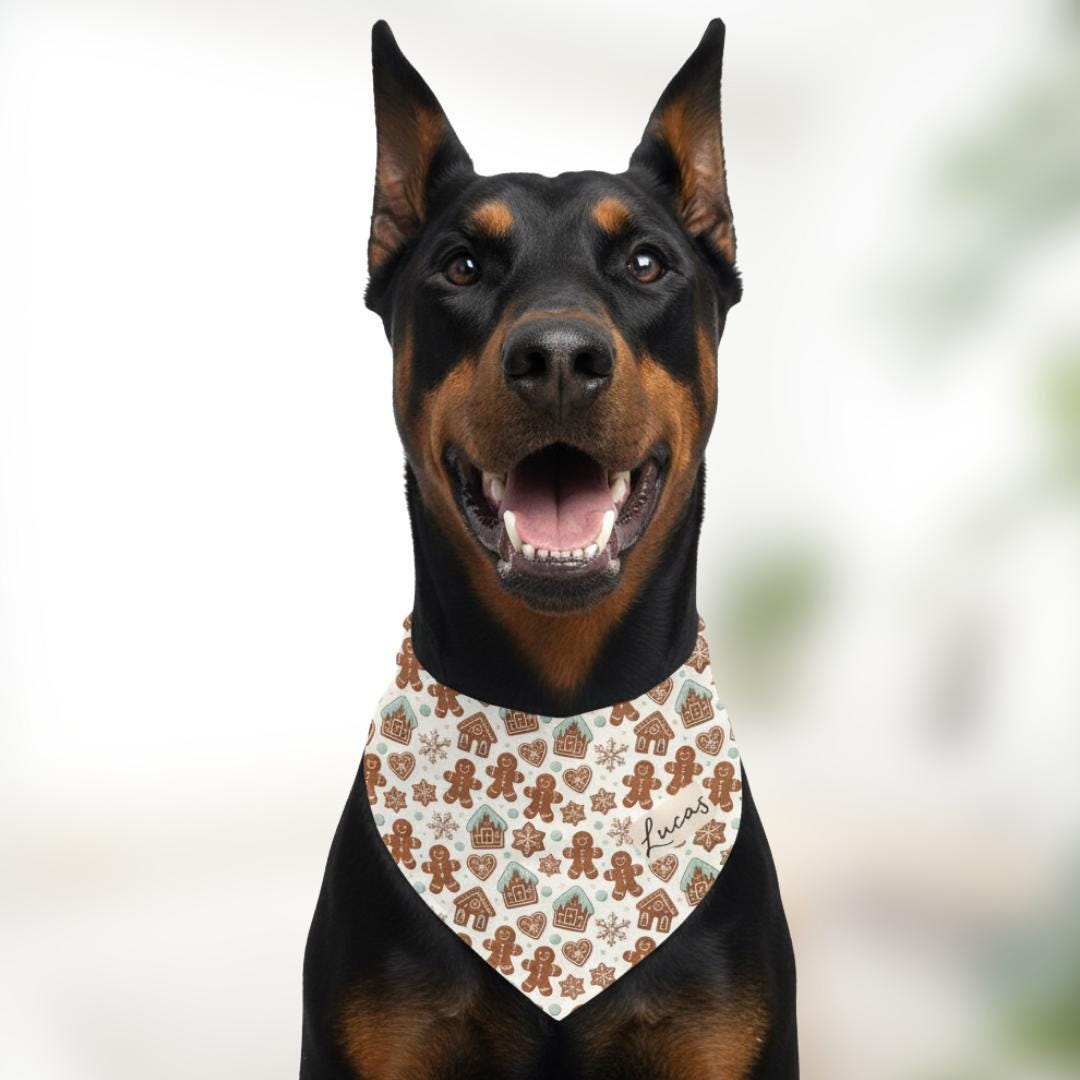 Gingerbread Pet Bandana Christmas Dog Collar Personalized Holiday Pet Accessory Custom Name Dog and Cat Bandana Festive Built-In Collar