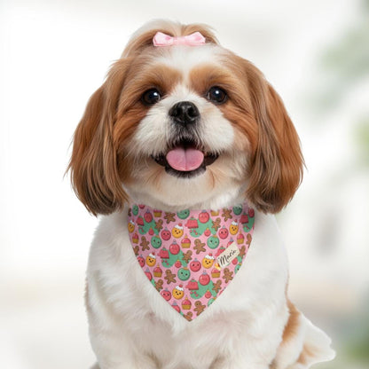 Personalized Pet Bandana Collar Cute Pink Christmas Treats Pattern Custom Dog Bandana with Built-In Adjustable Collar Holiday Gift for Pets