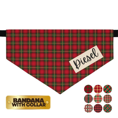 Personalized Christmas Plaid Pet Bandana Built-In Collar Custom Name Pet Scarf Adjustable Cozy Holiday Bandana Gift For Pets Holiday Photos