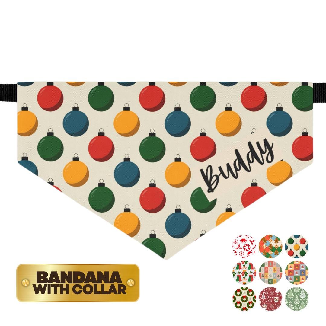 Personalized Christmas Pet Bandana Built-In Collar Custom Name Pet Scarf Adjustable Festive & Cute Holiday Design Soft Polyester Dog Bandana