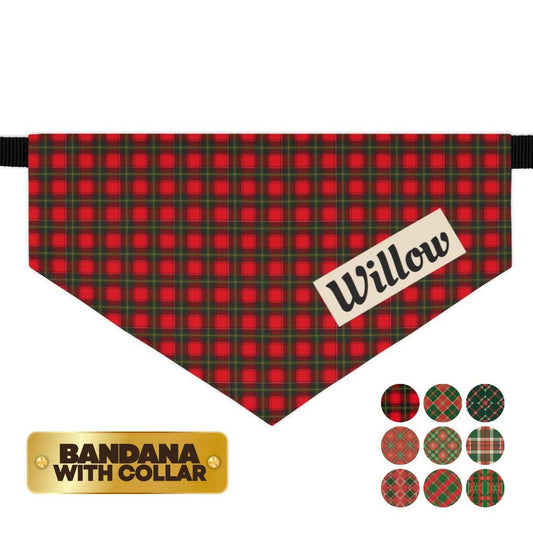 Personalized Christmas Pet Bandana Built-In Collar Custom Dog and Cat Bandana with Name Festive Plaid Designs Holiday Photo Outfit For Pets