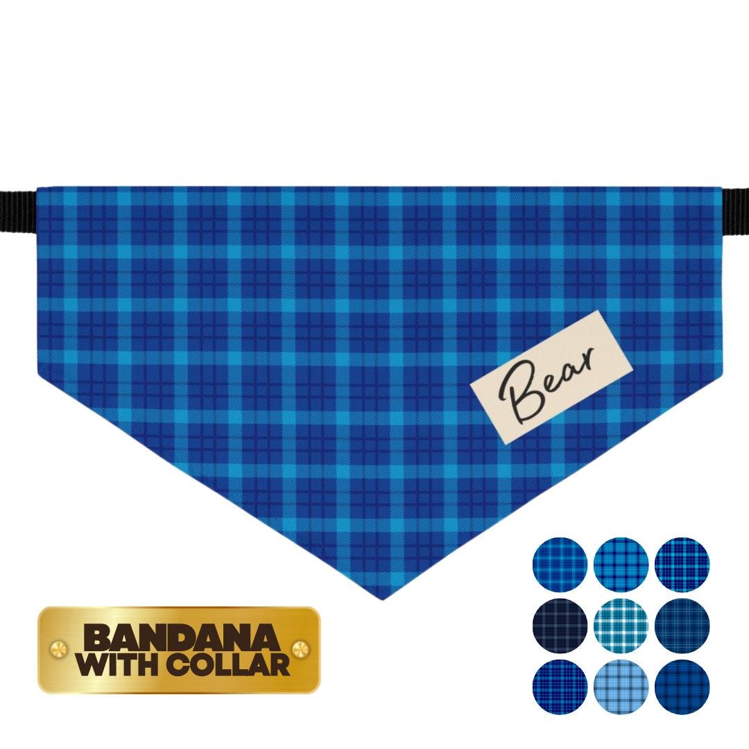 Personalized Blue Plaid Pet Bandana Collar Custom Name Dog-Cat Bandana with Built-In Adjustable Collar Cute Soft Polyester Plaid Pet Bandana