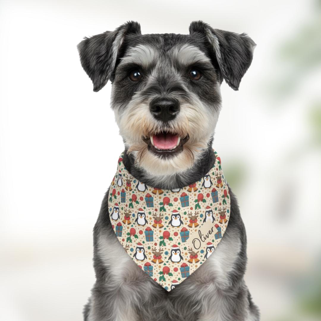 Personalized Pet Bandana Collar Cute Penguin & Reindeer Christmas Pattern Custom Dog Bandana with Built-In Adjustable Collar Gift for Pets