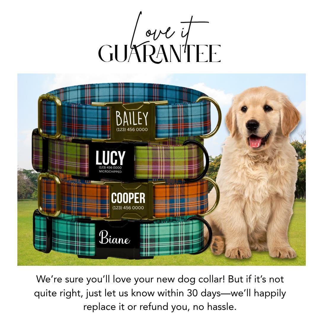 Personalized Plaid Dog Collar with Name Engraved Custom Adjustable Collar Plaid  Dog Collar & Leash Set Plaid Collar Gift for Dogs (OG-211)