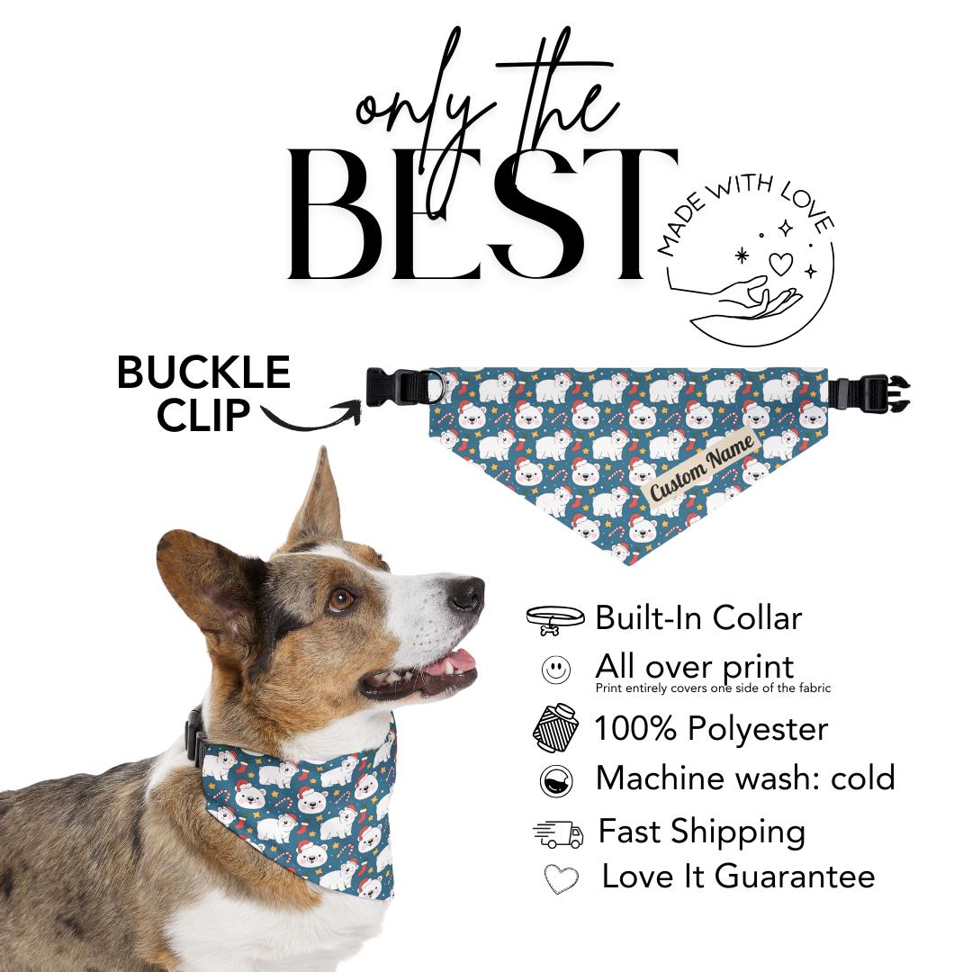 Personalized Polar Bear Christmas Pet Bandana Built-In Collar Custom Pet Bandana with Name Holiday Pet Scarf Festive Christmas Pet Accessory