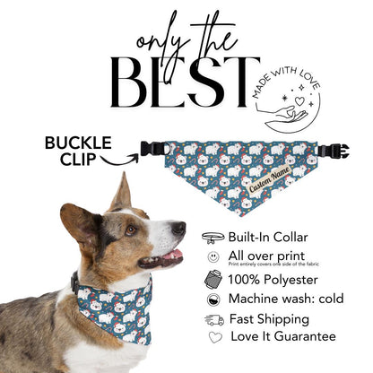 Personalized Polar Bear Christmas Pet Bandana Built-In Collar Custom Pet Bandana with Name Holiday Pet Scarf Festive Christmas Pet Accessory