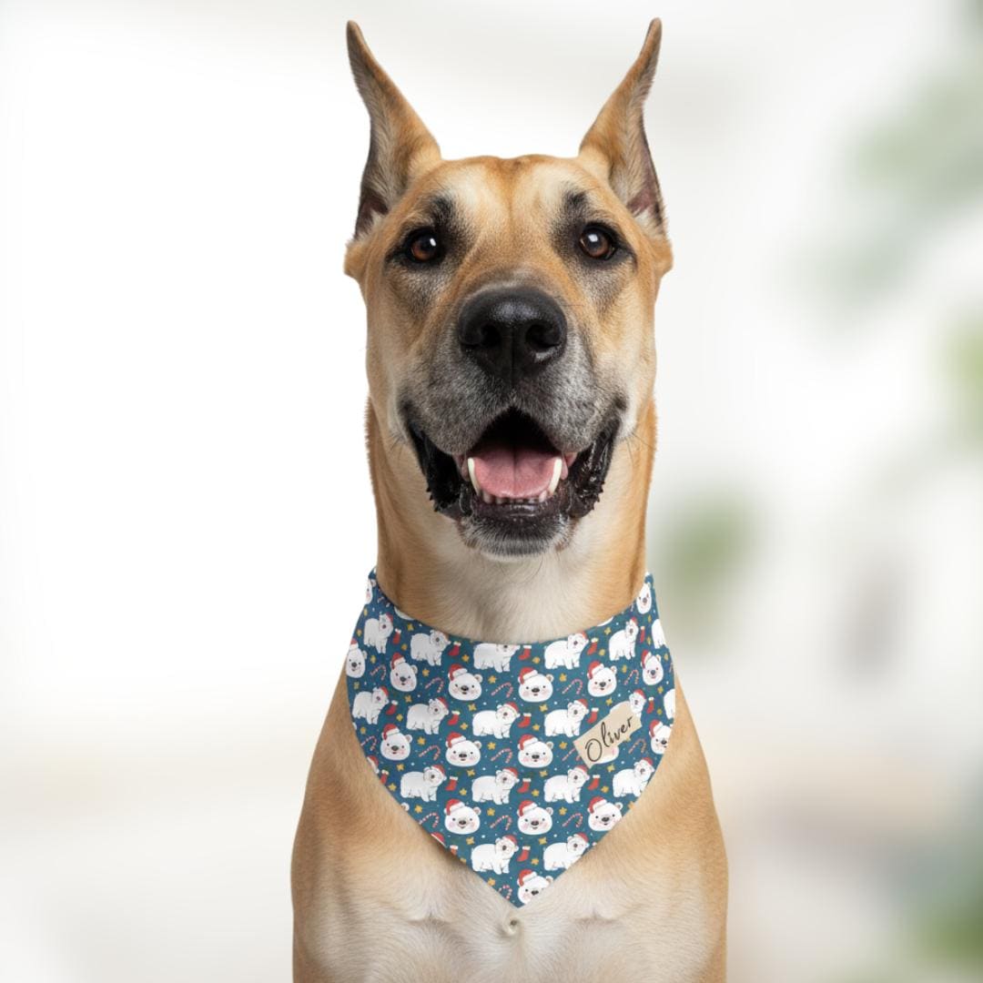 Personalized Polar Bear Christmas Pet Bandana Built-In Collar Custom Pet Bandana with Name Holiday Pet Scarf Festive Christmas Pet Accessory
