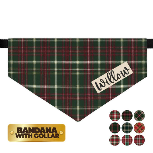 Personalized Green and Red Plaid Pet Bandana Built-In Collar Custom Dog Bandana Classic Tartan Dog Scarf for Christmas & Everyday Wear