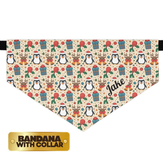 Personalized Pet Bandana Collar Cute Penguin & Reindeer Christmas Pattern Custom Dog Bandana with Built-In Adjustable Collar Gift for Pets