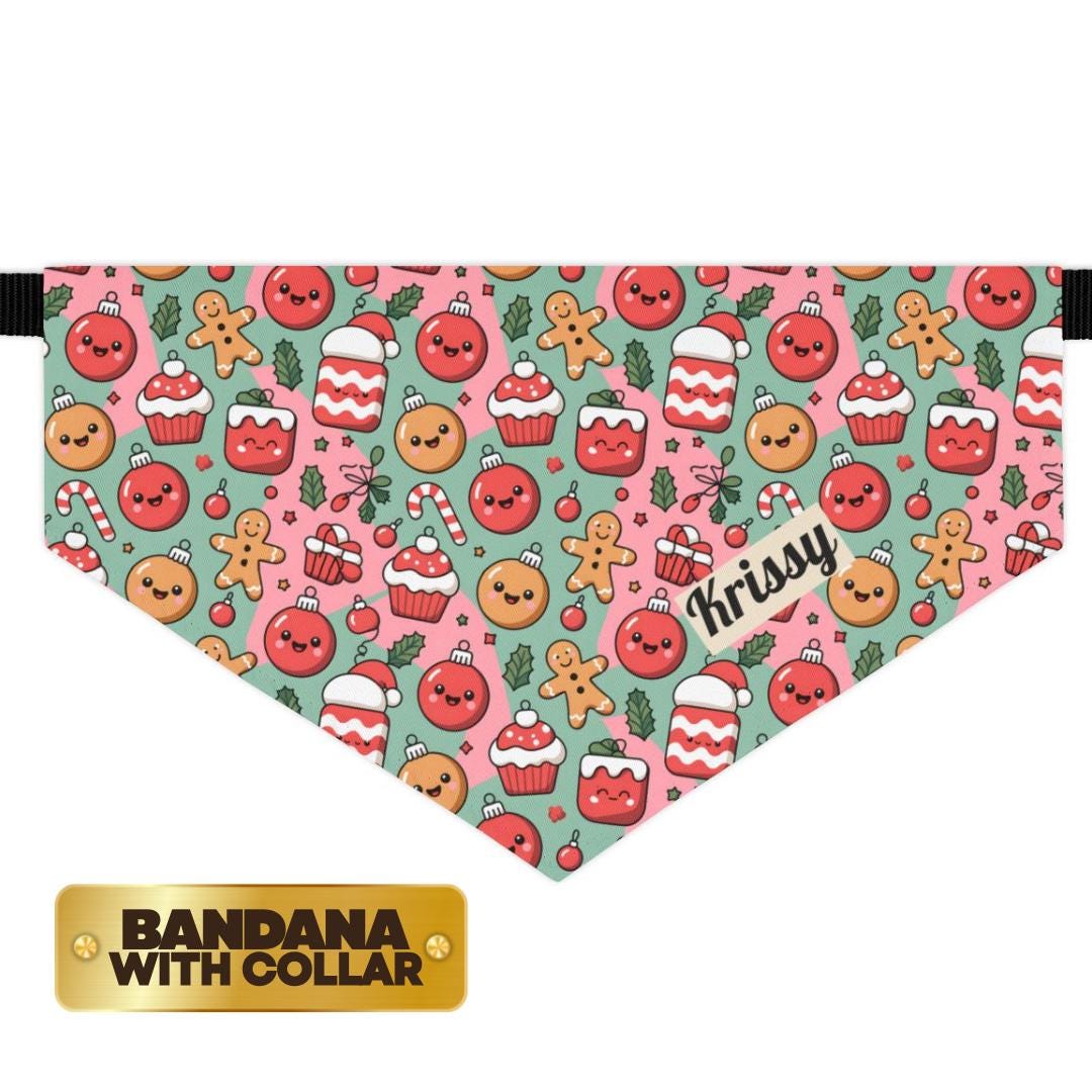 Personalized Pet Bandana Collar Adorable Christmas Cookie Pattern Custom Dog Bandana with Built-In Adjustable Collar Gift for Dogs and Cats