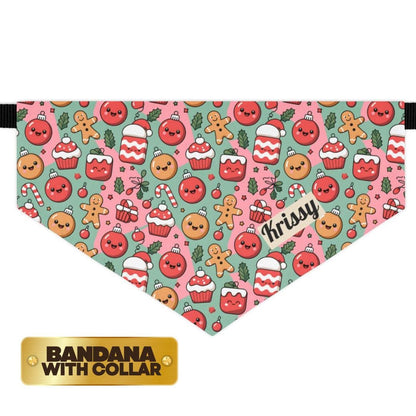 Personalized Pet Bandana Collar Adorable Christmas Cookie Pattern Custom Dog Bandana with Built-In Adjustable Collar Gift for Dogs and Cats