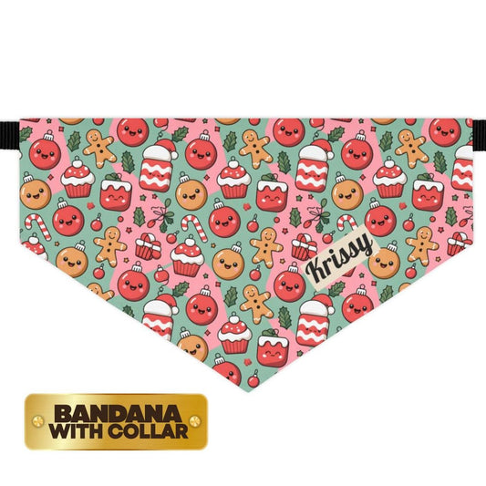 Personalized Pet Bandana Collar Adorable Christmas Cookie Pattern Custom Dog Bandana with Built-In Adjustable Collar Gift for Dogs and Cats