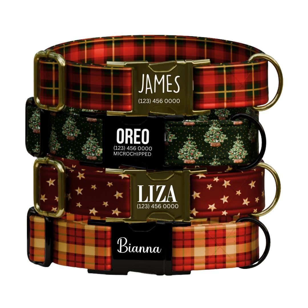 Personalized Christmas Dog Collar Custom Name Tag Holiday Plaid Dog Collar with Metal Buckle & Adjustable Fit Chrismast Dog ID Tag (OG-244)