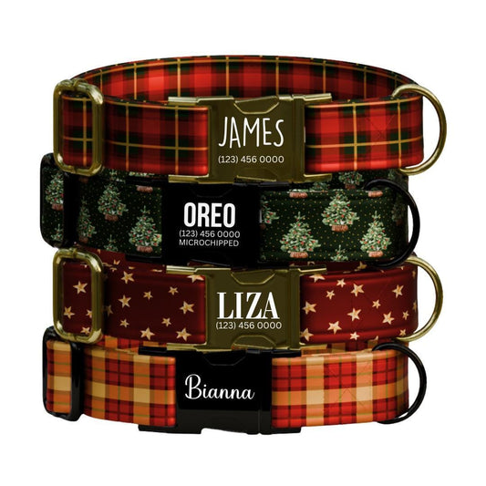 Personalized Christmas Dog Collar Custom Name Tag Holiday Plaid Dog Collar with Metal Buckle & Adjustable Fit Chrismast Dog ID Tag (OG-244)