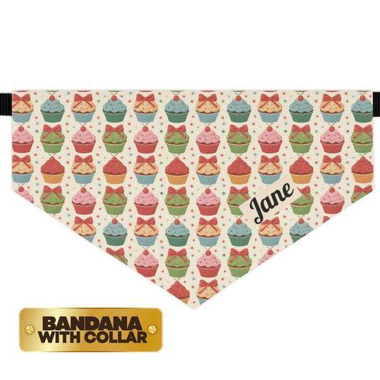 Christmas Cupcake Pet Bandana Built-In Collar Personalized Dog Holiday Accessory Festive Print Adjustable Collar Custom Name Bandana Pet