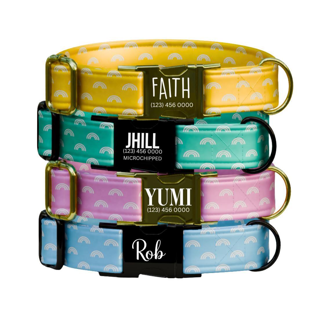 Personalized Pastel Rainbow Dog Collar with Name Engraved Custom Name Dog Tag Durable Metal Buckle & D-Ring Cute Gift for Dogs (OG-265)