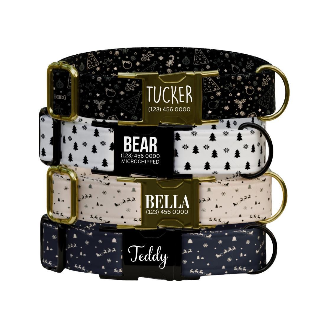 Personalized Christmas Dog Collar Custom Name Pet Collar with Engraved Buckle Holiday Dog Gift Cute Winter Patterns Gift for Dogs (OG-229)