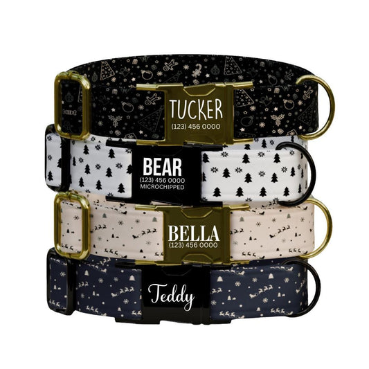 Personalized Christmas Dog Collar Custom Name Pet Collar with Engraved Buckle Holiday Dog Gift Cute Winter Patterns Gift for Dogs (OG-229)