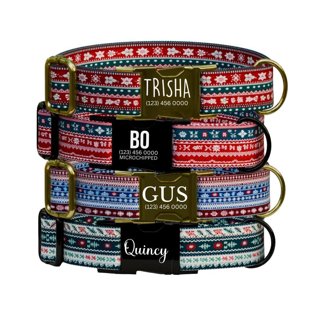 Personalized Ugly Christmas Dog Collar with Name Engraved Custom Holiday Name Tag Adjustable Collar & Leash Set Festive Dog Leash (OG-224)
