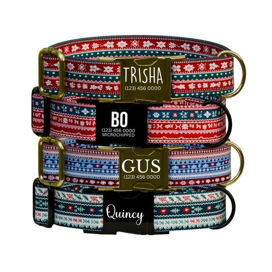Personalized Ugly Christmas Dog Collar with Name Engraved Custom Holiday Name Tag Adjustable Collar & Leash Set Festive Dog Leash (OG-224)