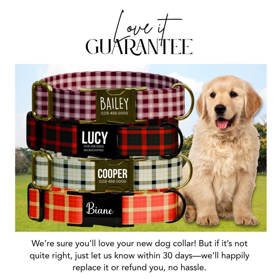 Personalized Plaid Dog Collar with Name Engraved Custom Pet Name ID Collar for Pets Collar & Leash Set Cozy Winter Check Dog Collar (OG-168)