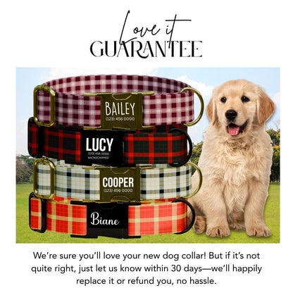 Personalized Plaid Dog Collar with Name Engraved Custom Pet Name ID Collar for Pets Collar & Leash Set Cozy Winter Check Dog Collar (OG-168)