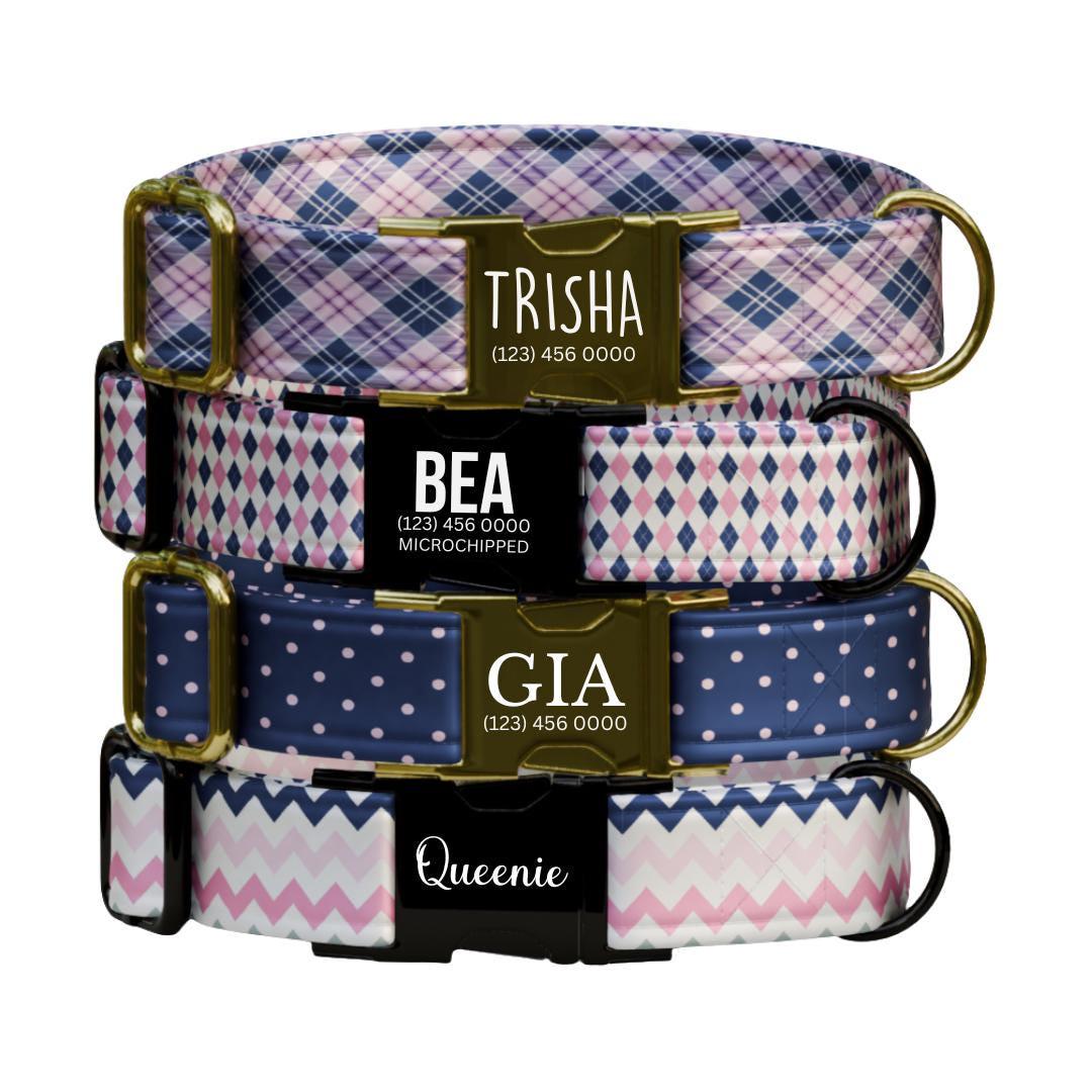 Personalized Plaid Argyle Polka Dot Chevron Patterns for Girls with Name Engraved Adjustable Dog Collar & Leash Set Gift for Dog (OG-259)